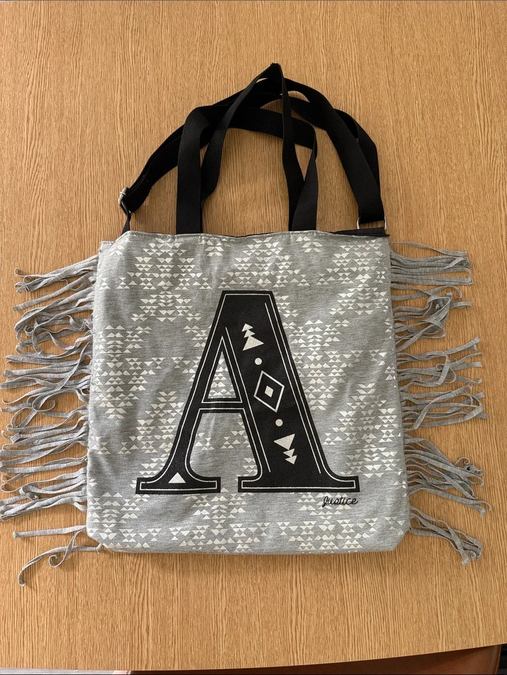Justice Gray Fringe Tote Bag with Black Letter A